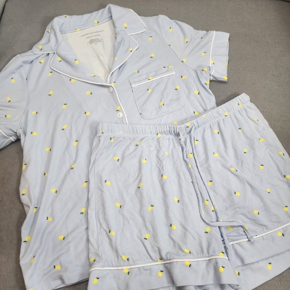Cupcakes and Cashmere Pajama Set Blue Lemon Print Modal Women Size Small